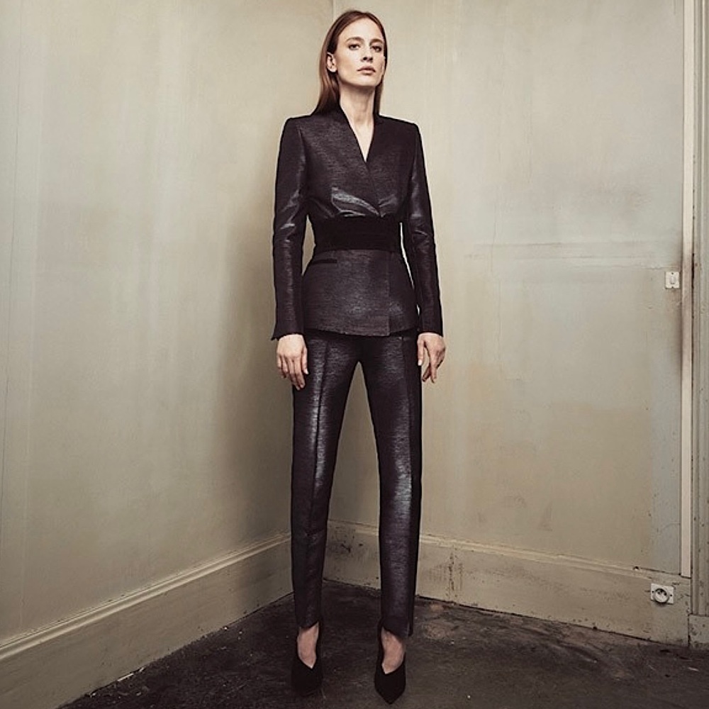 PALLAS PARIS Cotton Lurex Satin Tuxedo Stripe Taper Slim Leg Tailored Trousers 4